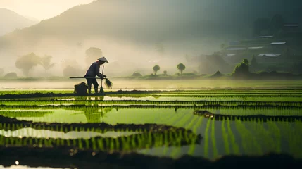 Photo sur Plexiglas Rizières Farmers farming on rice terraces. Ban Pa Bong Piang Northern region in Mae Chaem District Chiangmai Province That has the most beautiful rice terraces in indonesia.