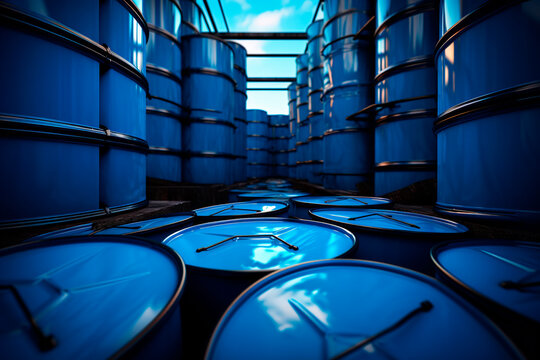 stack of blue oil barrels, close up image