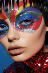 young woman with shiny rainbow glitter eye make-up