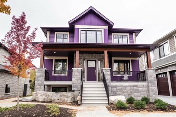 Upscale New Development Home: Avant-Garde Aesthetic with Single Car Garage, Purple Siding, and Natural Stone Porch, generative AI