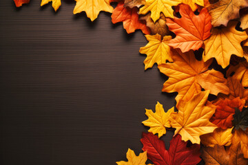Naklejka na ściany i meble Autumn banner with orange fall leaves. Black background with copy space.