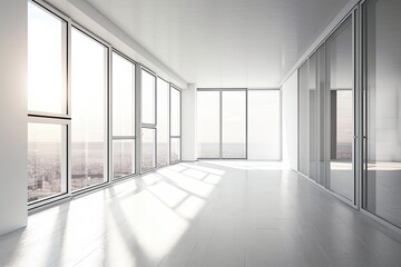 A model of an empty, attractive room in crisp white with a modern frame and wallpaper in the background is shown. Generative AI