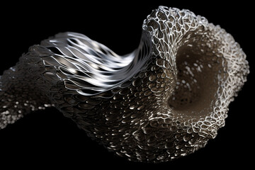 Surreal and abstract background concept. Silver object with tonal fractal debris pattern in the surface on black background with copy space. Generative AI