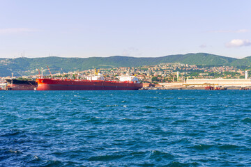 cargo sea port with cranes vehicles, container stacks , supplies and trucks with goods, sea hub...