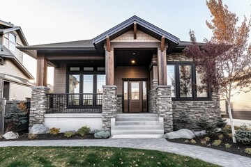 Fototapeta premium Avant-Garde Aesthetic Meets Upscale Living: Single-Car Garage, Brown Siding, and Natural Stone Porch in a New Development Home, generative AI