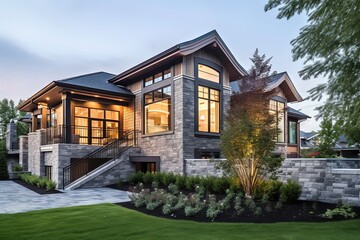 Fototapeta na wymiar Cutting-Edge Styling: Vibrant Fresh Construction Residence with Double Garage, Lime Green Siding, and Natural Stone Elements, generative AI