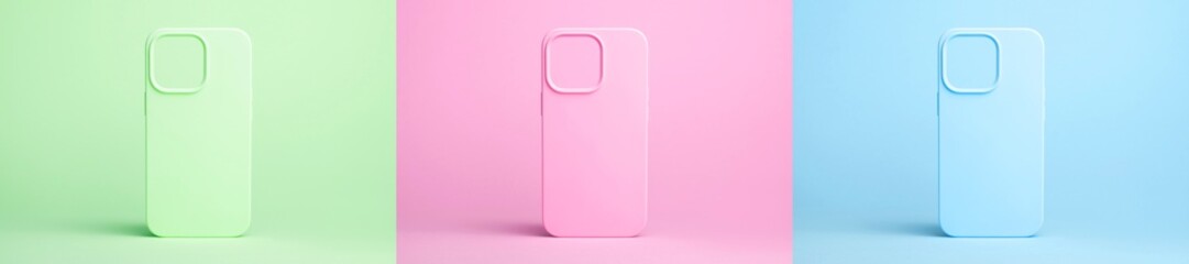 collage and set of three colorful phone case mock up, green, pink and blue isolated on monochrome...