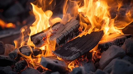 Photo sur Plexiglas Texture du bois de chauffage Closeup of burning coals from a fire, barbeque fire grilling campfire barbecue