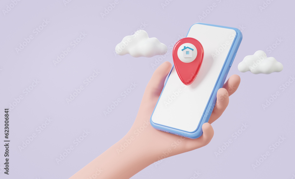 Poster technology digital smartphone search position gps pin pointer with house map location on purple back