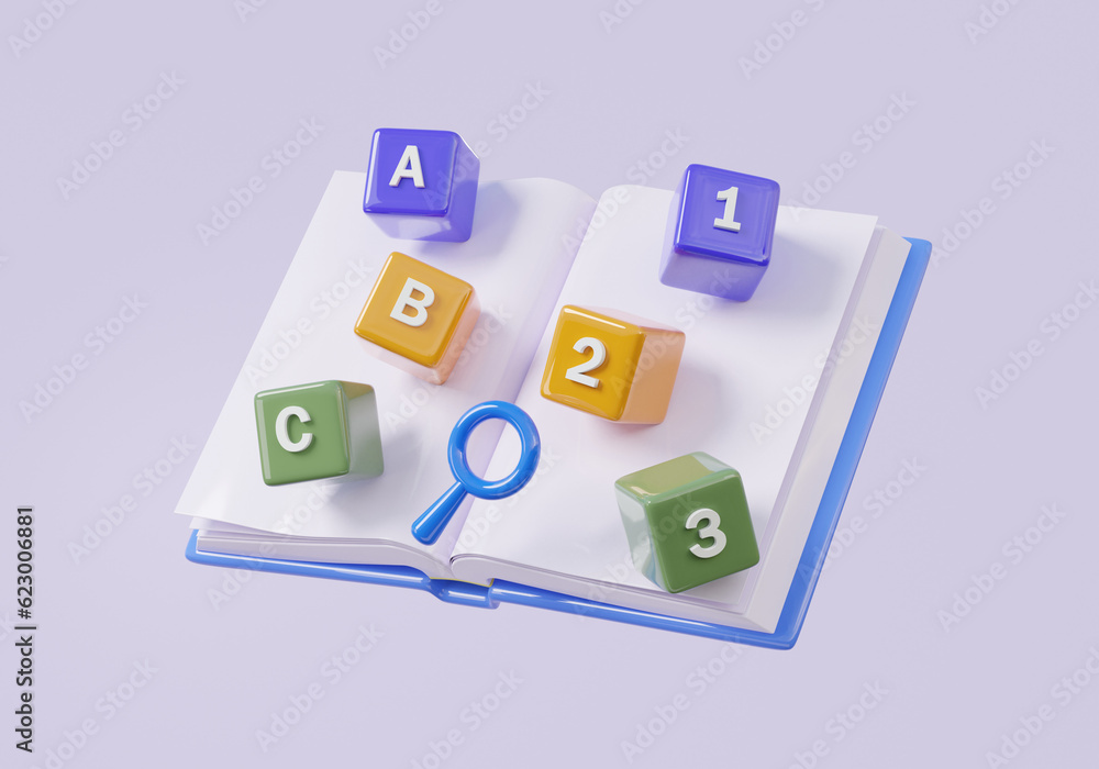 Poster minimal cartoon open book magnifier search alphabet and number floating on isolated pastel backgroun