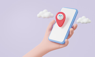 Technology digital smartphone search position GPS pin pointer with house map location on purple background. travel navigation concept. transportation, banner, website, 3d rendering illustration