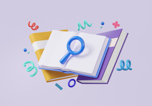 Open book magnifier search 3D icon floating on isolated pastel background. reading writing training learning education concept. knowledge dictionary, minimal cartoon. 3d rendering illustration