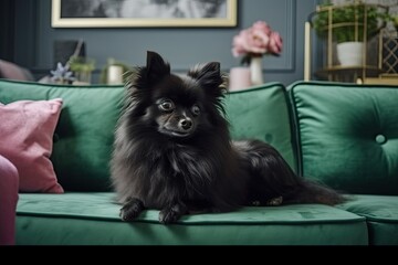 a genuine image of a tiny black Spitz dog lounging on a green sofa next to a coffee table. Generative AI