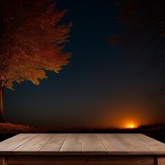 Old wood table and silhouette tree at night for Halloween background