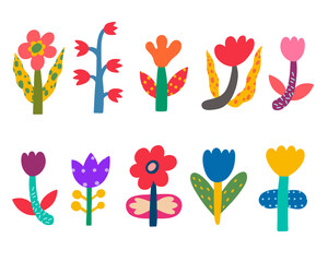 Fototapeta premium Various abstract Flowers. Set of colorful unique design elements. Sticker, poster, print templates. Hand drawn trendy Vector illustration. All elements are isolated.