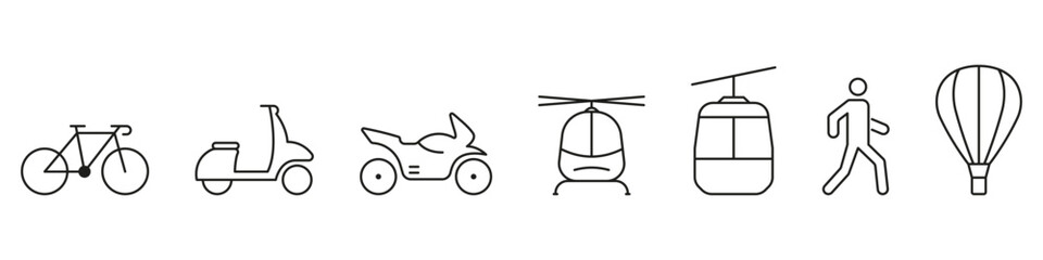 Transportation Line Icon Set. Delivery Service Vehicle Linear Pictogram. Scooter, Cable Car, Helicopter, Motorcycle, Bike, Moped Symbol. Traffic Sign. Editable Stroke. Isolated Vector Illustration