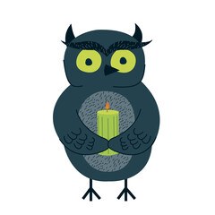 Funny owl holding candle, halloween concept, flat vector illustration in handdrawn style for banner, flyer, invitation, poster and design.
