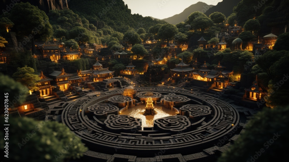 Aufkleber a circular garden with a fountain in the middle of it. generative ai image.