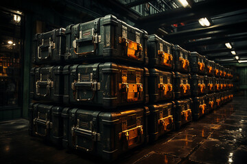 Warehouse of military equipment. A large number of identical containers with high-precision warheads and high-tech ammunition. Modern weapons. - obrazy, fototapety, plakaty