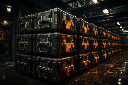Warehouse of military equipment. A large number of identical containers with high-precision warheads and high-tech ammunition. Modern weapons.