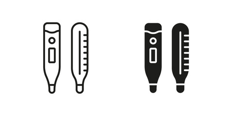 Thermometer Line and Silhouette Black Icon Set. Medical Tool for Temperature Control Pictogram. Electronic and Mercury Thermometer Symbol Collection. Isolated Vector Illustration