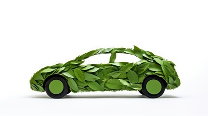 Eco friendly car made with leaves white background papercut style