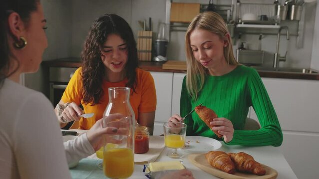 female students having breakfast in dorm