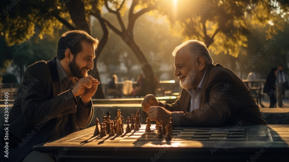 Poster two men playing a game of chess in a park. generative ai image.