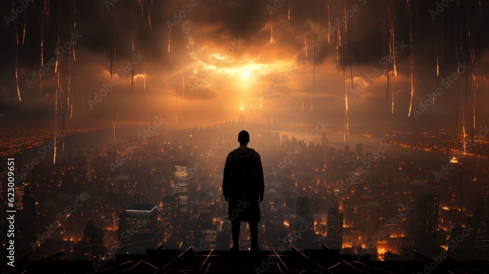 Poster a man standing on top of a building at night. generative ai image.
