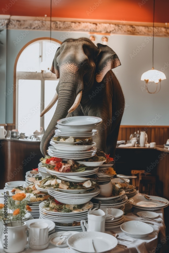 Poster an elephant standing on top of a pile of plates. generative ai image.