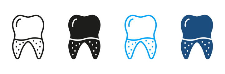 Dental Calculus Silhouette and Line Icons Set. Defective Teeth, Tartar Pictogram. Dentistry Sign. Dental Treatment Symbol Collection. Tooth Medical Disease, Oral Problem. Isolated Vector Illustration