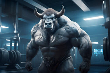 Fototapeta na wymiar fit Buffalo standing at the gym, Gym Buff, Strong and Powerful Buffalo Flexing at the Fitness Center, generative AI