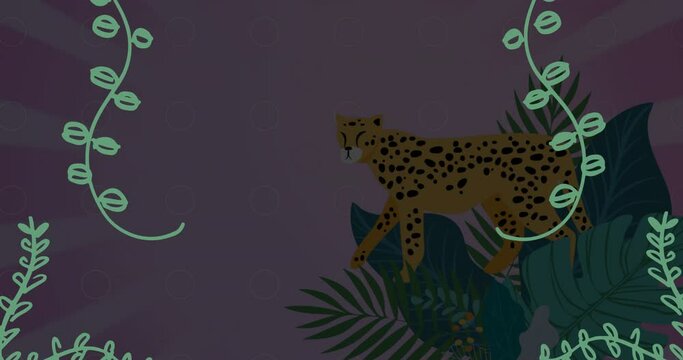 Animation of plant leaves over cheetah and exotic plants with copy space over dark background