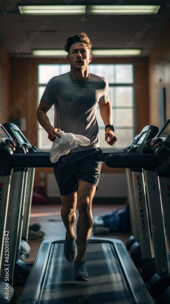 Poster a man running on a treadmill in a gym. generative ai image.