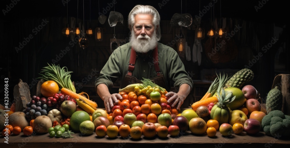 Poster a man standing in front of a table full of fruits and vegetables. generative ai image.