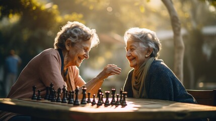 Two older women playing a game of chess. Generative AI image.