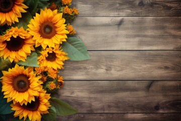 Autumn banner with a bouquet of yellow sunflowers on vintage textured wooden background