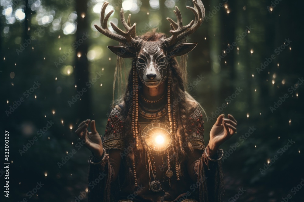 Poster a statue of a deer with a light in its mouth. generative ai image.
