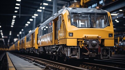 Fototapeta na wymiar A yellow train traveling down train tracks next to a platform. Generative AI image.