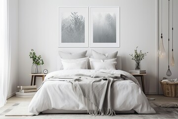 Fototapeta na wymiar A gorgeous, meticulously made bed in a bedroom of a home or hotel apartment, with pillows and cushions on top, and a small nightstand with a mock up picture frame in white on it. Generative AI