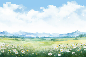 Generative AI a field with flowers created in a minimalist watercolor style