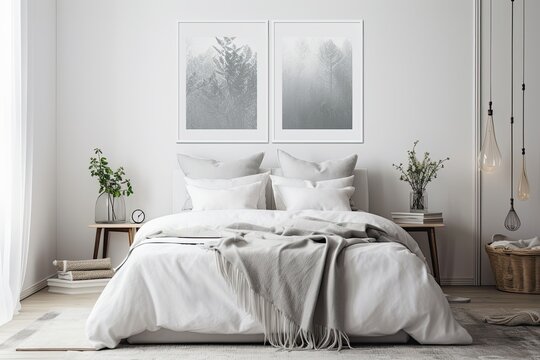 A gorgeous, meticulously made bed in a bedroom of a home or hotel apartment, with pillows and cushions on top, and a small nightstand with a mock up picture frame in white on it. Generative AI