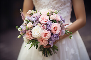 bride holding a beautiful wedding bouquet of flowers close-up.ai generative