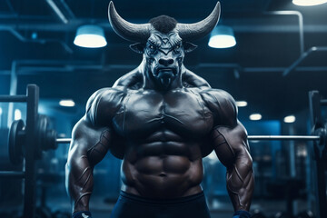 Fototapeta na wymiar fit Buffalo standing at the gym, Buffalo flexing its muscles at the fitness studio, generative AI