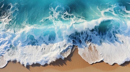 Fototapeta na wymiar abstract sand beach from above with light blue transparent water wave and sun lights. backdrop graphic, wallpaper for print, interior wall picture, summer vacation background, generated AI
