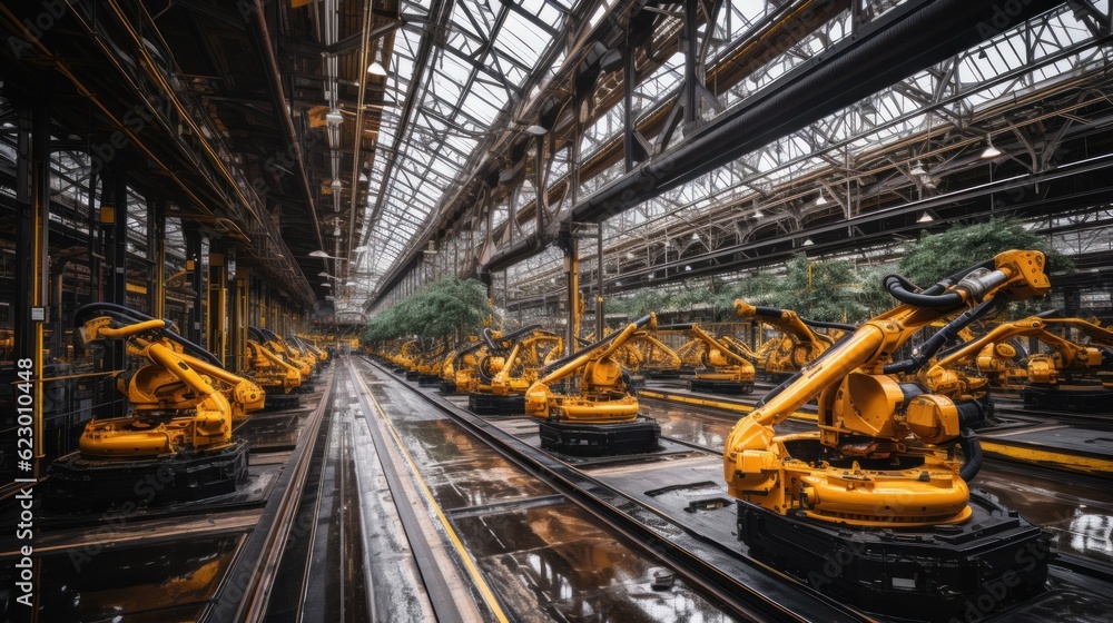 Poster a factory filled with lots of yellow robots. generative ai image.