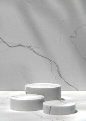 Gray tone marble wall and podium in a sunny room. 3d Render.