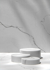 Gray tone marble wall and podium in a sunny room. 3d Render.