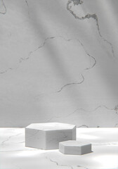 Gray tone marble wall and podium in a sunny room. 3d Render.