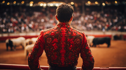 bullfighter on the background of the arena and bulls, blurred background. back view. ai generative